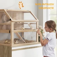 PawHut Cușcă pentru hamster/rozătoare cu 3 niveluri, fund detașabil 31 cm adâncime, căsuță, leagăn, 80x50x76cm, finisaj lemn natural(m-4)