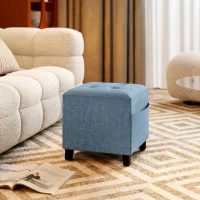 HOMCOM Small Ottoman, Square Footstool with Side Pocket, Rubber Wood Legs and Padded Seat for Living Room, Dark Blue(m-14)