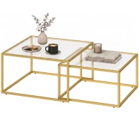 HOMCOM 2 Mesas de Centro Cuadradas Mesas Nido Modernas con Tablero de Vidrio Templado y Estructura Metálica 75x75x42 cm Dorado(m-15)