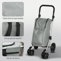 HOMCOM Carrito de Compra Plegable de 46 L Carro 3 en 1 con 6 Ruedas Bolsa Térmica y Asa Ajustable 44x58x100 cm Gris(m-9)