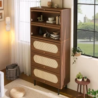 Bufet cu 5 uși rabatabile, mult spațiu de depozitare și front din ratan, 80x40x163 cm, Culoare naturală(m-5)