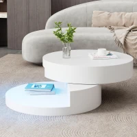 Masă de cafea cilindrică cu blat rotativ la 360°, bandă LED, construcție cu 2 straturi, 70x70x35,5 cm, Alb(m-2)