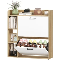 HOMCOM Scarpiera Slim con 2 Cassetti Ribaltabili e 3 Vani Aperti, Capacità 15 Scarpe, 83x24x90.5 cm, Color Legno e Bianco(m-11)
