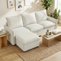 HOMCOM Sofá de Canto 3 Lugares Modular em Tecido Efeito Pele Respirável com Compartimento no Pufe Almofadas Creme(m-4)