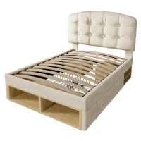 Polsterbett 90x200, dreifach höhenverstellbar, integrierte Schubladen und Staufächer, 207x101x120 cm, Beige(m-7)