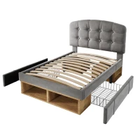 Polsterbett 90x200, dreifach höhenverstellbar, integrierte Schubladen und Staufächer, 207x101x120 cm, Grau(m-6)