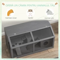 PawHut Cușcă pentru hamster, cușcă din lemn pentru animale mici, punte suspendată, scări, căsuță, 84 x 45 x 44 cm, pentru hamsteri pitici, Gri(m-4)