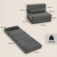 HOMCOM Fauteuil de sol avec dossier, velours côtelé Canapé-lit pliable sans armature Cloud avec rembourrage épais, Gris foncé(m-3)