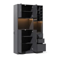 Moderner hoher Küchenschrank mit Weinregal, verstellbaren Einlegeböden und 3 Schubladen, 105x40x180 cm, Schwarz(m-8)