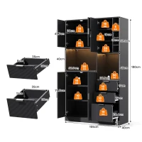 Moderner hoher Küchenschrank mit Weinregal, verstellbaren Einlegeböden und 3 Schubladen, 105x40x180 cm, Schwarz(m-3)