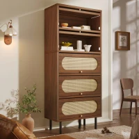 Bufet cu 5 uși rabatabile, mult spațiu de depozitare și front din ratan, 80x40x163 cm, Culoare naturală(m-2)
