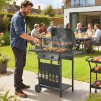 Outsunny Barbecue Gas con 2 Bruciatori, Tavolini Laterali e Termometro Integrato, in Acciaio Inox, 99x56x95 cm, Nero(m-2)