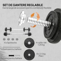 SPORTNOW Set greutăți și halter de 20 kg cu mânere antiderapante, 8 discuri de greutăți, bară de halter și 2 bare pentru gantere din oțel(m-4)