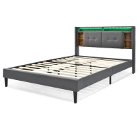 Pat dublu tapițat, tăblie cu spațiu de depozitare, somieră din lemn masiv și metal, pentru saltea 160X200 cm, fără saltea, 223x169x107 cm, Gri(m-6)