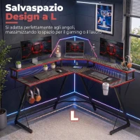 HOMCOM Scrivania da Gaming Angolare con Supporto Monitor, Gancio Cuffie e Portabicchieri, 128x128x88 cm, Nero(m-4)