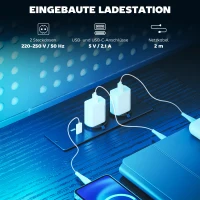 HOMCOM Gamingbureau L-vormig bureau met LED & stopcontacten, met dubbel monitorhouder, 165x80x91,5 cm, zwarte houtlook(m-5)