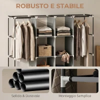 HOMCOM Armadio Portatile in Tessuto non Tessuto e Acciaio con Ruote, 10 Scomparti e 2 Barre Appendiabiti, Grigio Scuro(m-7)