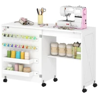 HOMCOM Folding Sewing Table, Rolling Craft Table with Storage compartments, Shelf and Lockable Casters for Small Spaces, White(m-11)