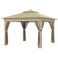 Outsunny Pavillon 3,3x3,3m Wasserabweisend Pop-up Faltpavillon mit LED, Doppeldach, Moskitonetz 4 Seitenteilen Tasche(m-11)