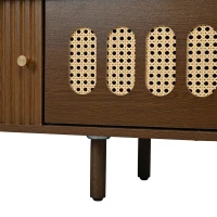 Oval TV Unit with Rattan-Effect Hinged Door, Sturdy Lowboard with 5 Enclosed Compartments, 180L x 40W x 40H cm, Walnut(m-12)