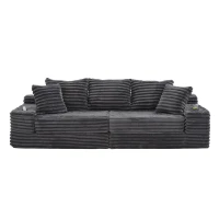 Convertible Sofa Bed with High Backrest and Extra Pillow, Ribbed Corduroy Couch with Dual Side Pockets, 107.5L x 38.5W x 34H cm, Dark Gray(m-2)