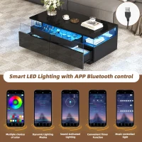 High-Gloss 3-Tier Coffee Table with Removable Tray, Sturdy Center Table with App-Controlled LED Lights, 90L x 45W x 35.5H cm, Black(m-5)