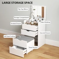 HOMCOM Toeletta 3 in 1 con Specchio Ribaltabile e Sgabello, con Cassetti, Bianco(m-5)