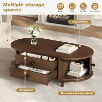 Oval Coffee Table with Sliding Roll-Top Doors, Sturdy Center Table with Two Drawers, 100L X 50W X 36H cm, Walnut(m-5)