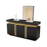 Modern Sideboard with Faux Marble Top and Anti-Tip Fixings, Luxury Storage Unit with Adjustable Shelves, 140L x 38W x 70H cm, Black(m-8)