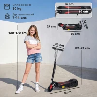 HOMCOM Trottinette électrique pliante pour enfant de 7+ans, 120W Vitesse max 12km/h, 75x36x82-93 cm Noir(m-3)