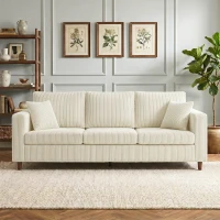 HOMCOM Sofá 3 plazas de terciopelo acanalado, sofá de salón moderno 225 cm, asiento amplio, cojín con muelles, crema(m-4)