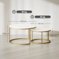 HOMCOM 2er-Set runde Couchtische, stapelbare Beistelltische mit Metallrahmen, Wohnzimmertisch in Marmoroptik, Kaffeetisch, Grau(m-3)