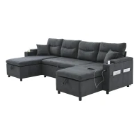 Contemporary 4-Seater Fabric Sofa with 2 Chaise Longues, Minimalist U-Shaped Couch with Integrated Cup Holders, 272L x 136W x 86H cm, Dark Gray(m-15)