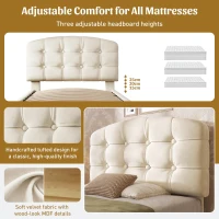 Upholstered Single Bed with Storage Drawers and Compartments, Plush Velvet Bed Frame with Button-Tufted Headboard, 198L x 101W x 120H cm, Beige(m-4)