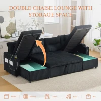 Contemporary 4-Seater Sofa with 2 Chaise Longues, Ribbed Corduroy Couch with Built-In Cup Holders, 272L x 136W x 86H cm, Black(m-4)