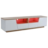 LED TV Stand with App-Controlled Ambient Lighting, Low-Profile TV Cabinet with Cable Management, 180L x 40W x 46H cm, White+Oak(m-15)