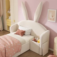 Bunny Ears Children's Single Bed with Hydraulic Lift Storage, Plush Velvet Bed Frame with Wooden Slatted Base, 206L x 149W x 143H cm, Beige(m-10)