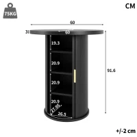 Round Bar Table with Metal Handles and Vertical-Slat Reinforced Body, Integrated Cabinet with Sliding Door, 60L x 60W x 91.5H cm, Black(m-3)