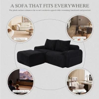 Modular 2-Seater Sofa with Foam-Filled Plush Seats, Black Corduroy Couch with Built-In Cup Holder, 200L x 174W x 80H cm, Black(m-8)