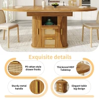 Extendable Dining Table with Sturdy Metal Frame, Space-Saving Center Table with Pull-Out Rattan-Effect Drawers, 118L x 118W x 77H cm, Brown(m-4)