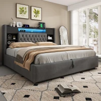 6ft Super King Upholstered Bed with Hydraulic Storage, Stylish Modern Bed Frame with Ambient LED Lighting, 223L x 188W x 115H cm, Grey(m-9)