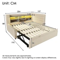 Convertible Daybed Trundle with Clever Storage and Sturdy Frame, Breathable Linen Sofa Bed with Integrated Charging, 204L x 107W x 88H cm, Beige(m-3)