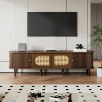 Stylish Oval TV Cabinet with Rattan-Style Fronts, Sturdy Lowboard with 30 kg Load Capacity, 180L x 40W x 40H cm, Walnut(m-1)