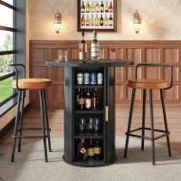 Round Bar Table with Metal Handles and Vertical-Slat Reinforced Body, Integrated Cabinet with Sliding Door, 60L x 60W x 91.5H cm, Black(m-1)