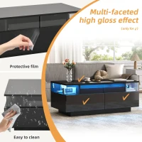 High-Gloss 3-Tier Coffee Table with Removable Tray, Sturdy Center Table with App-Controlled LED Lights, 90L x 45W x 35.5H cm, Black(m-4)