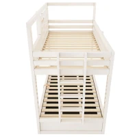 Children's Cabin Bunk Bed with Hydraulic Underbed Storage, Space‑Saving Bed Frame with Integrated Ladder, 200L x 102W x 184H cm, White(m-13)