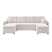 Contemporary 4-Seater Sofa with 2 Chaise Longues, Ribbed Corduroy Couch with Built-In Cup Holders, 272L x 136W x 86H cm, Beige(m-2)