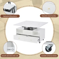 Extendable Lift-Top Coffee Table with Two Lift-Up Tabletops and Castors, Space-Saving Dining Table with four drawers, 100L x 50W x 47.5H cm, White(m-5)