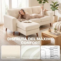 HOMCOM Sofá esquinero 192 cm en L 3 plazas con chaiselongue reversible, acabado en pana, para espacios pequeños, blanco crema(m-5)