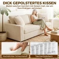HOMCOM 3-Zitsbank met Sierkussens, Corduroy Sofa voor Woonkamer, Slaapkamer, 212 cm Breed, Crèmewit(m-5)